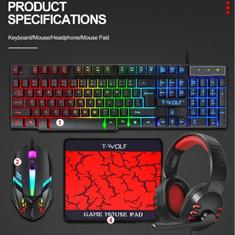 Gaming Keyboard Mouse And Headset Combo - Игровой набор 4-в-1 с RGB-подсветкой: клавиатура,